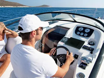 Cockpit of Palma, a Bavaria S29+ motorboat at Grad Biograd na Moru, Croatia