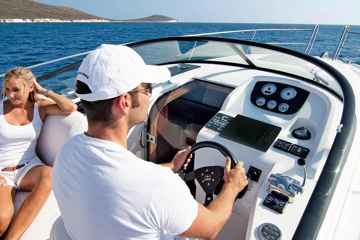 Cockpit of Palma, a Bavaria S29+ motorboat at Grad Biograd na Moru, Croatia