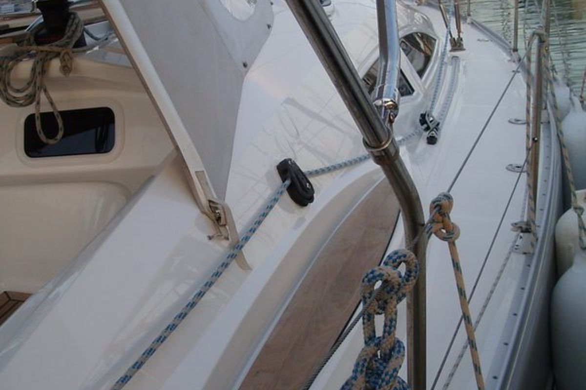 Deck of Artemis, a Elan 384 Impression sailboat at Kos, Greece