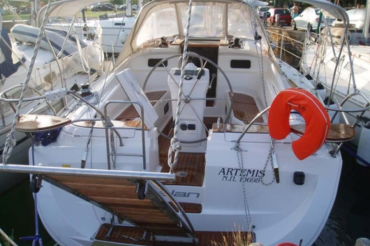 Exterior view of Artemis, a Elan 384 Impression sailboat at Kos, Greece