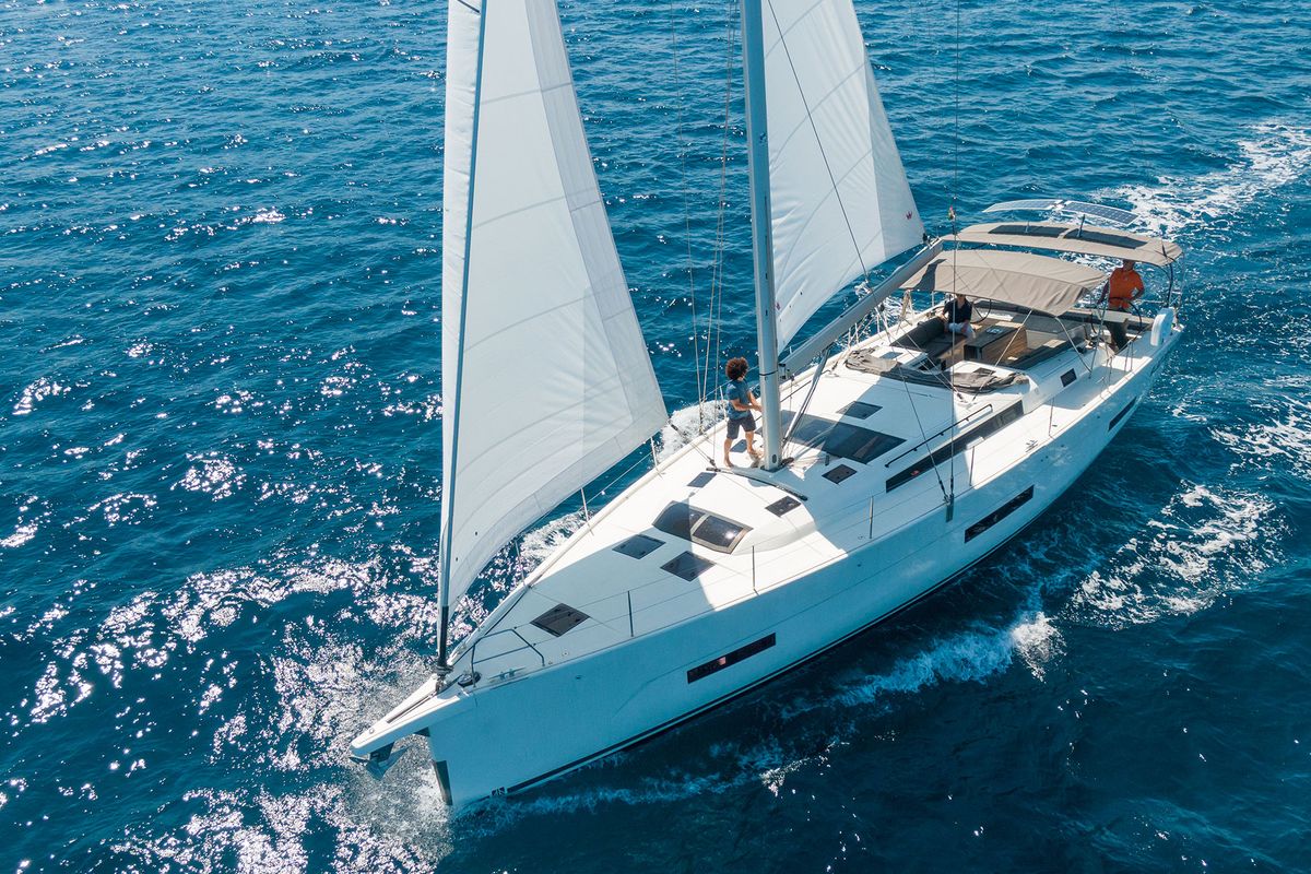 Exterior view of Olimpia, a Dufour 530 sailboat at Cannigione, Italy