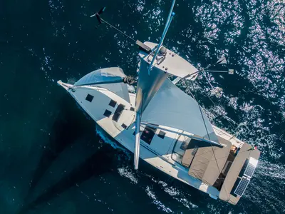 Exterior view of Olimpia, a Dufour 530 sailboat at Cannigione, Italy