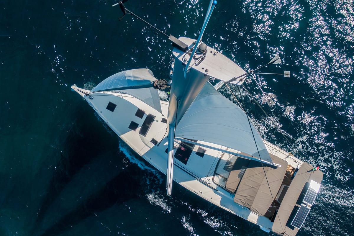 Exterior view of Olimpia, a Dufour 530 sailboat at Cannigione, Italy
