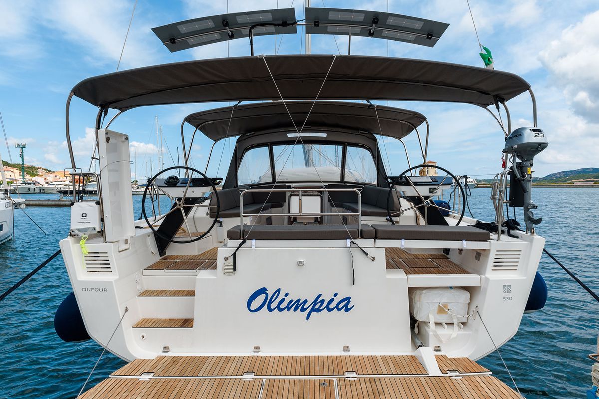 Cockpit of Olimpia, a Dufour 530 sailboat at Cannigione, Italy