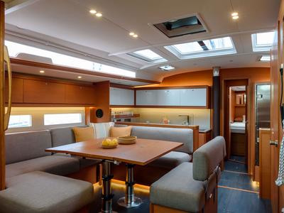Salon of Olimpia, a Dufour 530 sailboat at Cannigione, Italy