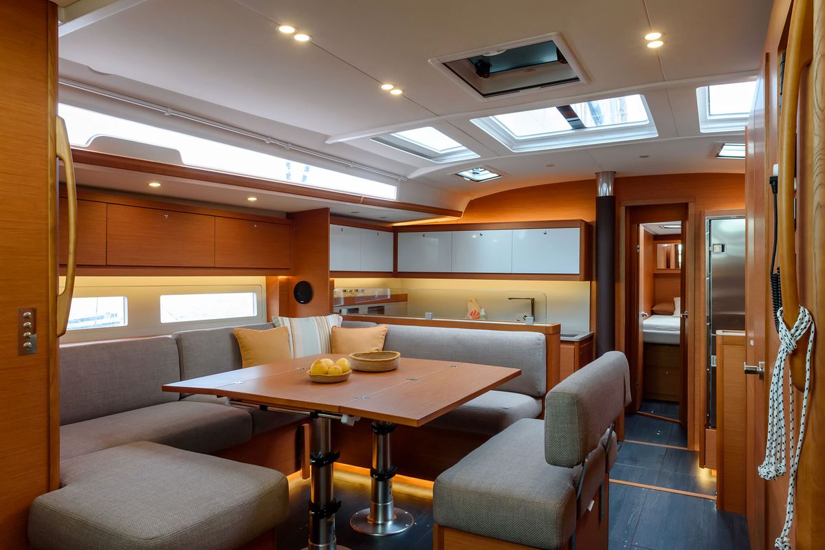 Salon of Olimpia, a Dufour 530 sailboat at Cannigione, Italy