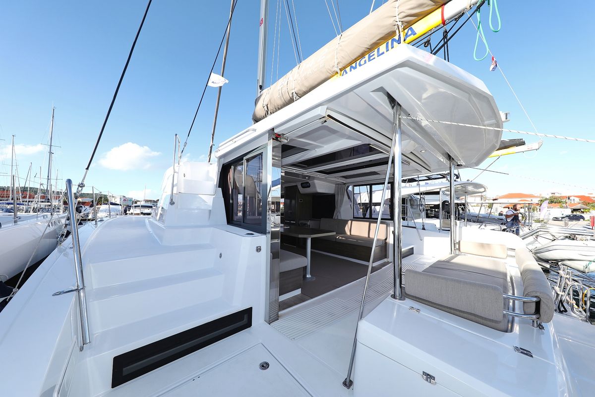 Deck of Open Office, a Bali 4.2 catamaran at Grad Trogir, Croatia