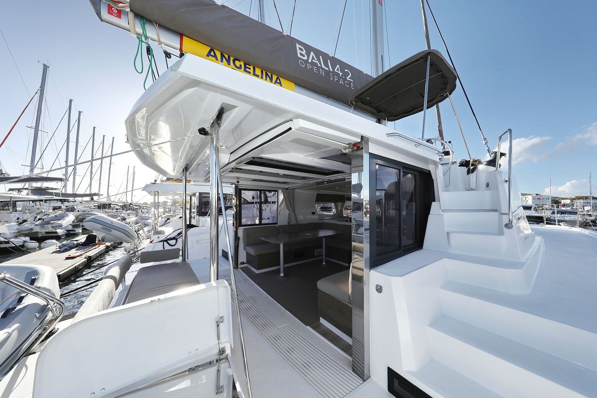 Deck of Open Office, a Bali 4.2 catamaran at Grad Trogir, Croatia