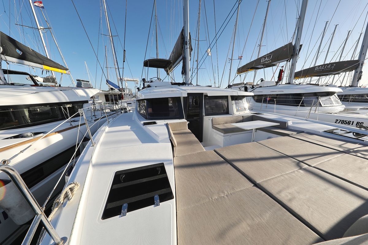 Deck of Open Office, a Bali 4.2 catamaran at Grad Trogir, Croatia