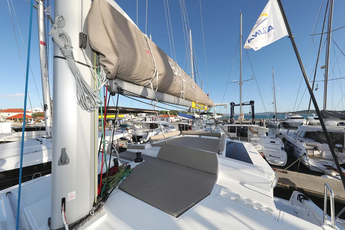 Deck of Open Office, a Bali 4.2 catamaran at Grad Trogir, Croatia