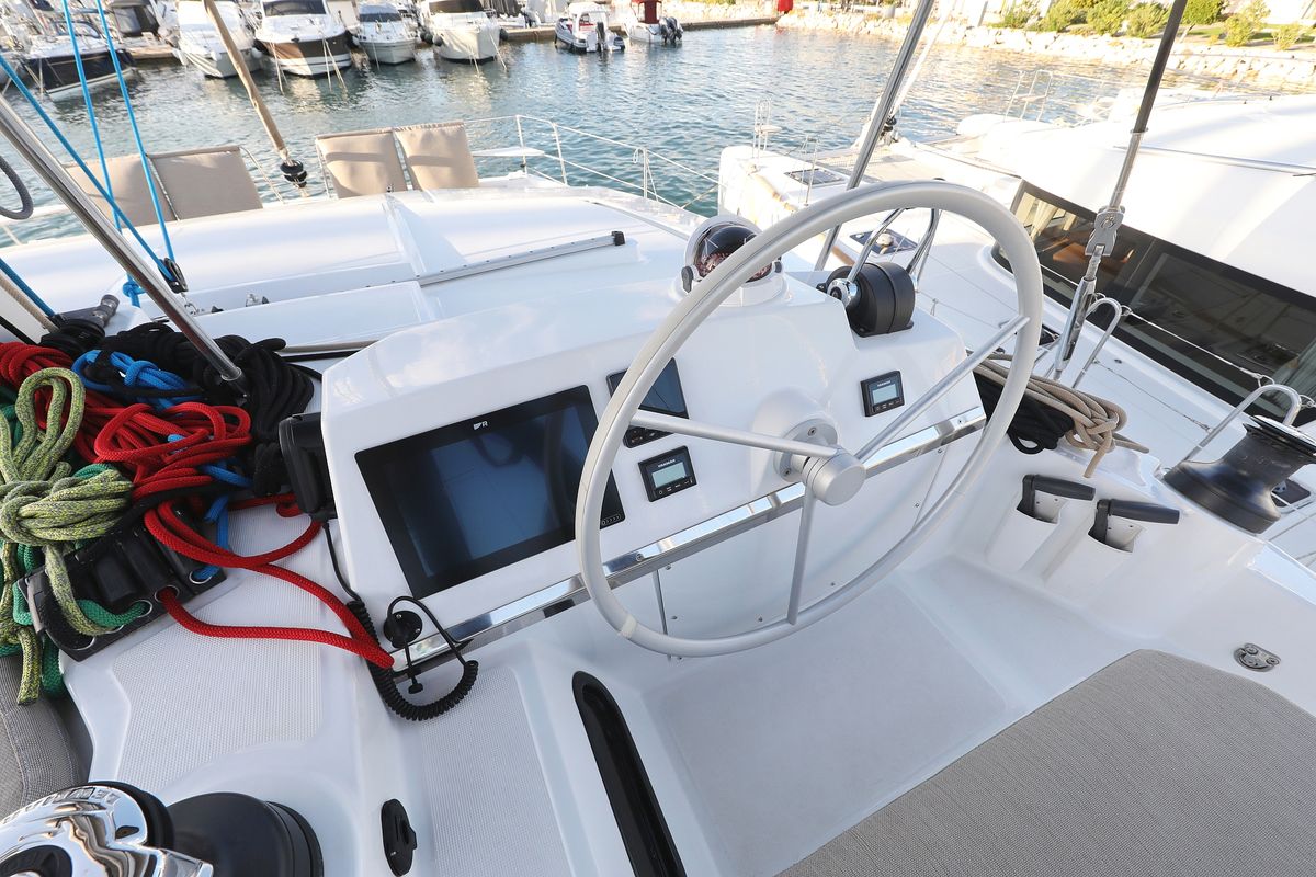 Cockpit of Open Office, a Bali 4.2 catamaran at Grad Trogir, Croatia
