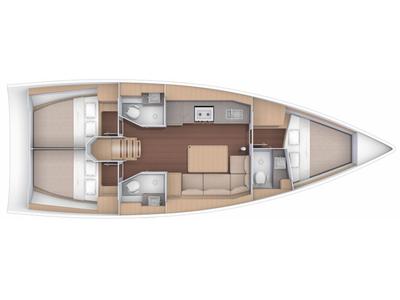 Floor plan of Alma Libre IX, a Dufour 390 Grand Large sailboat at Municipal Unit of Lefkada, Greece
