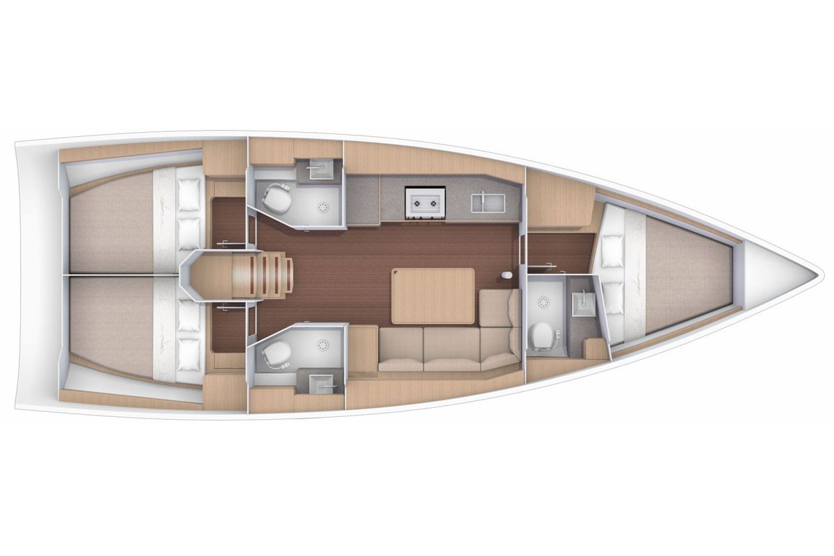 Floor plan of Alma Libre IX, a Dufour 390 Grand Large sailboat at Municipal Unit of Lefkada, Greece