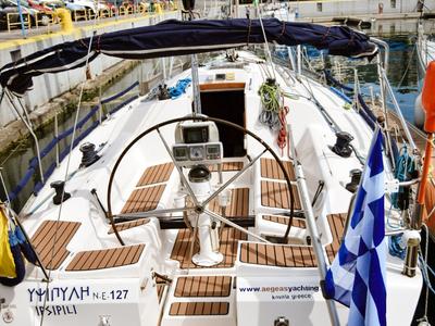 Cockpit of Ipsipili, a Elan 40 sailboat at Kavala, Greece