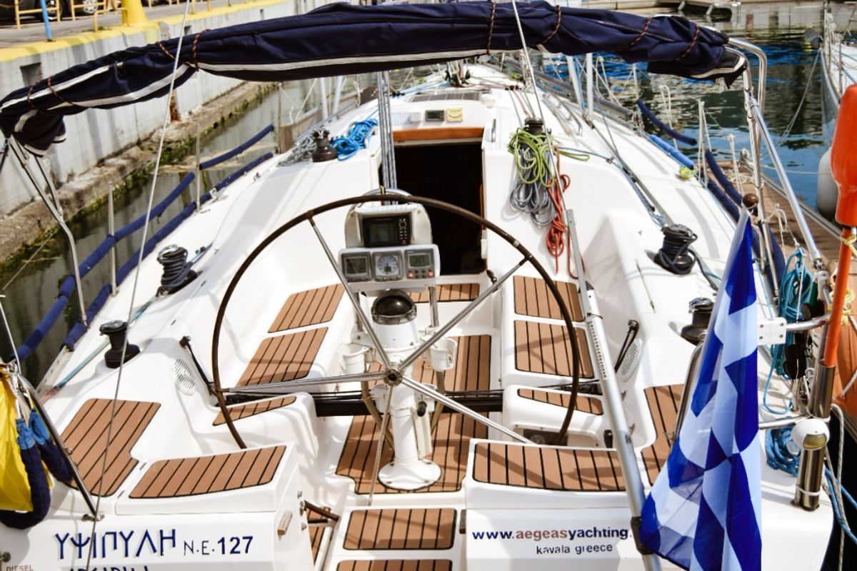 Cockpit of Ipsipili, a Elan 40 sailboat at Kavala, Greece