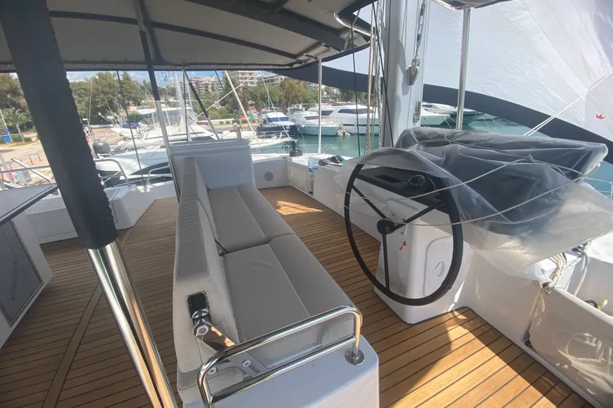 Cockpit of KOS 58.CAT, a Bali 5.8 catamaran at Athens, Greece
