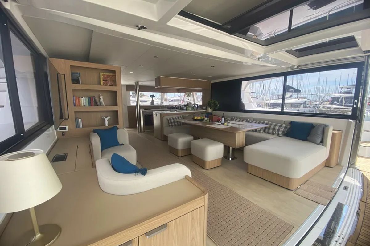 Salon of KOS 58.CAT, a Bali 5.8 catamaran at Athens, Greece