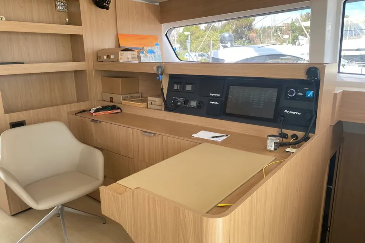Salon of KOS 58.CAT, a Bali 5.8 catamaran at Athens, Greece