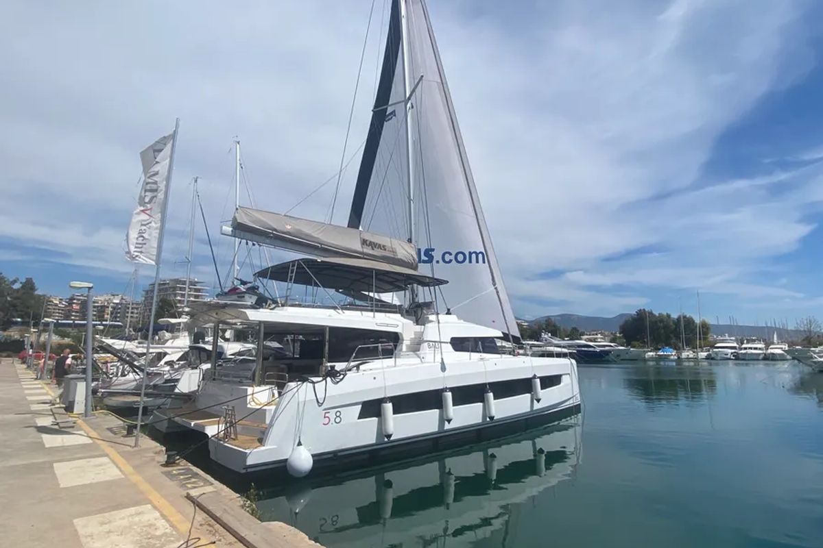 Exterior view of KOS 58.CAT, a Bali 5.8 catamaran at Athens, Greece