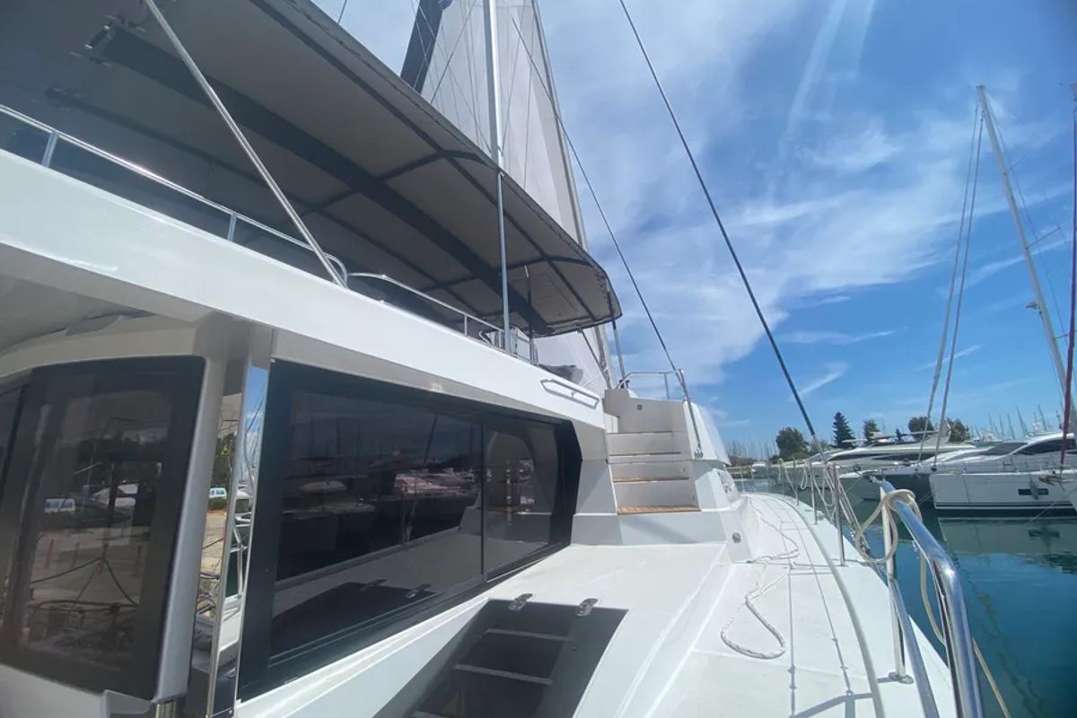 Deck of KOS 58.CAT, a Bali 5.8 catamaran at Athens, Greece