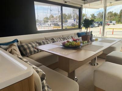 Salon of KOS 58.CAT, a Bali 5.8 catamaran at Athens, Greece