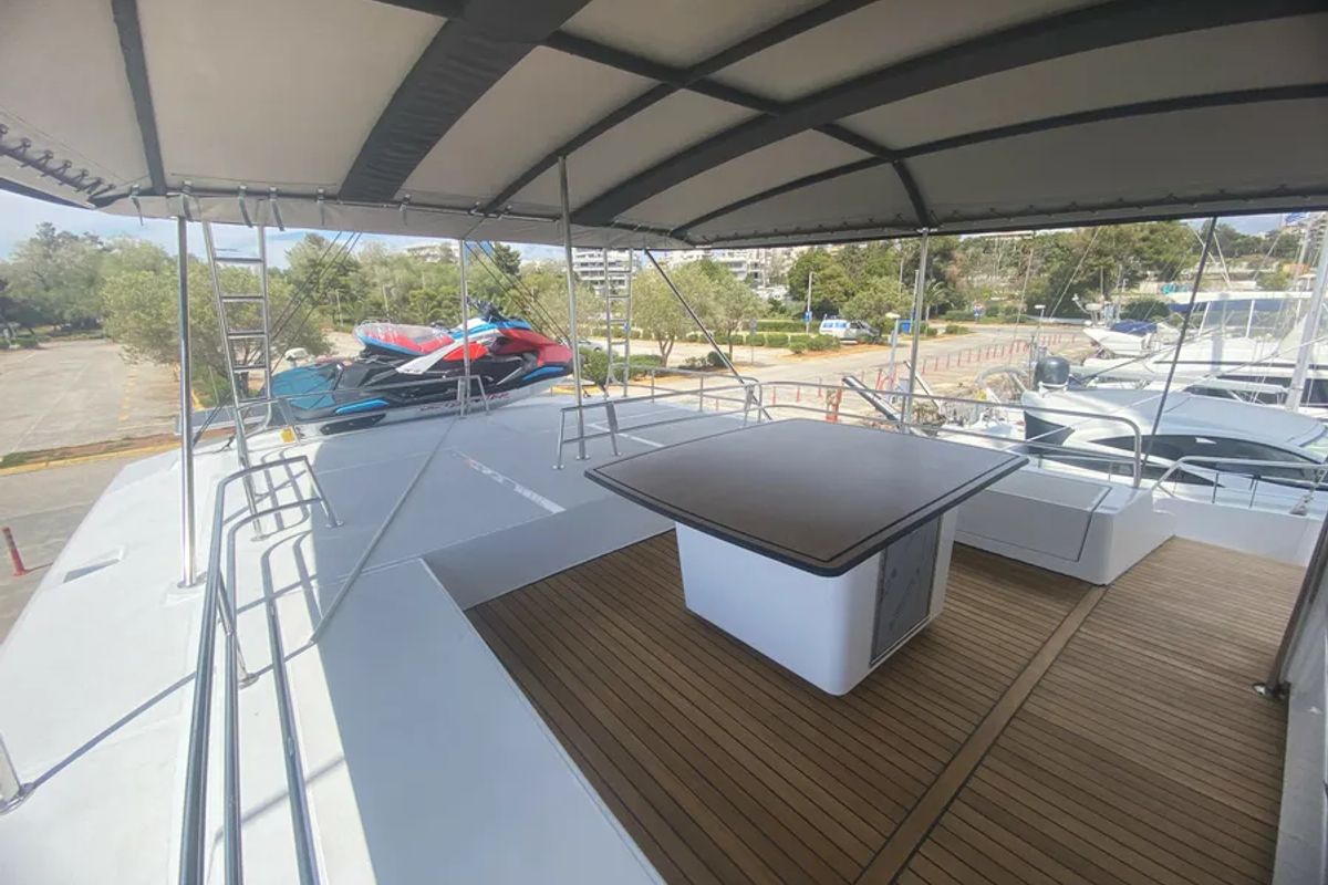 Deck of KOS 58.CAT, a Bali 5.8 catamaran at Athens, Greece