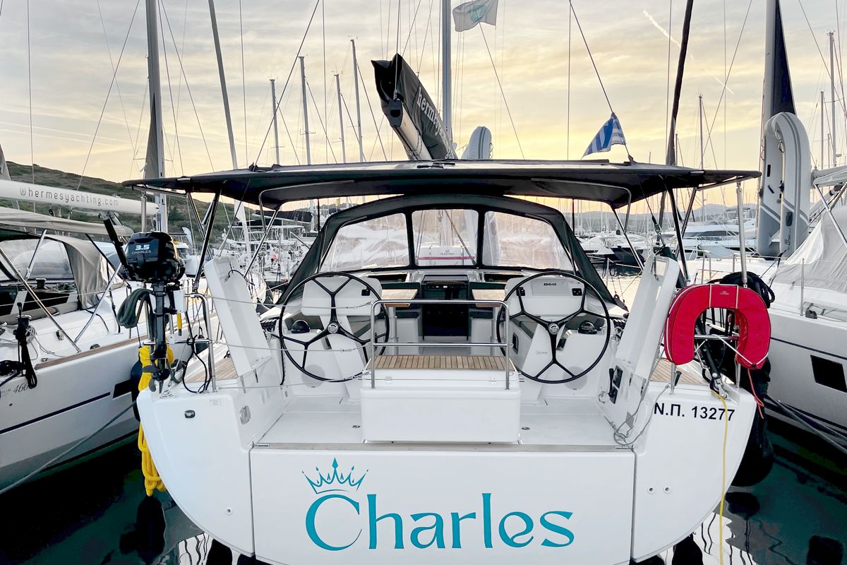 Exterior view of Charles, a Hanse Yachts Hanse 508 sailboat at Lavreotiki Municipal Unit, Greece