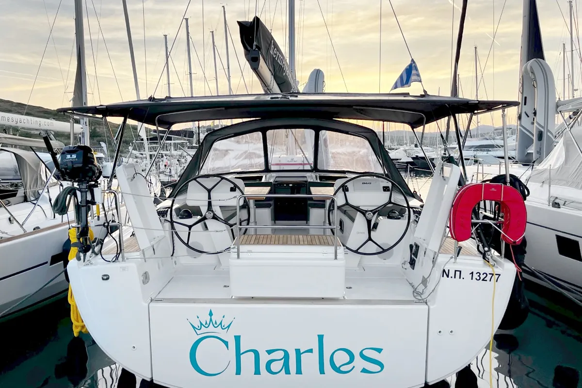 Exterior view of Charles, a Hanse Yachts Hanse 508 sailboat at Lavreotiki Municipal Unit, Greece