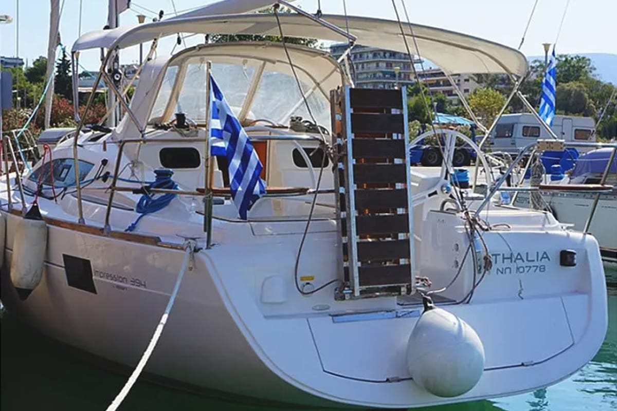 Exterior view of Thalia, a Elan 394 Impression sailboat at Kontokali, Greece