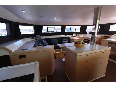 Salon of TETI, a Dufour Catamaran 48 catamaran at Olbia, Italy