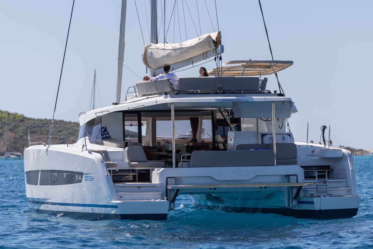Exterior view of Premium +, a Fountaine Pajot New 44 catamaran at Portimão, Portugal