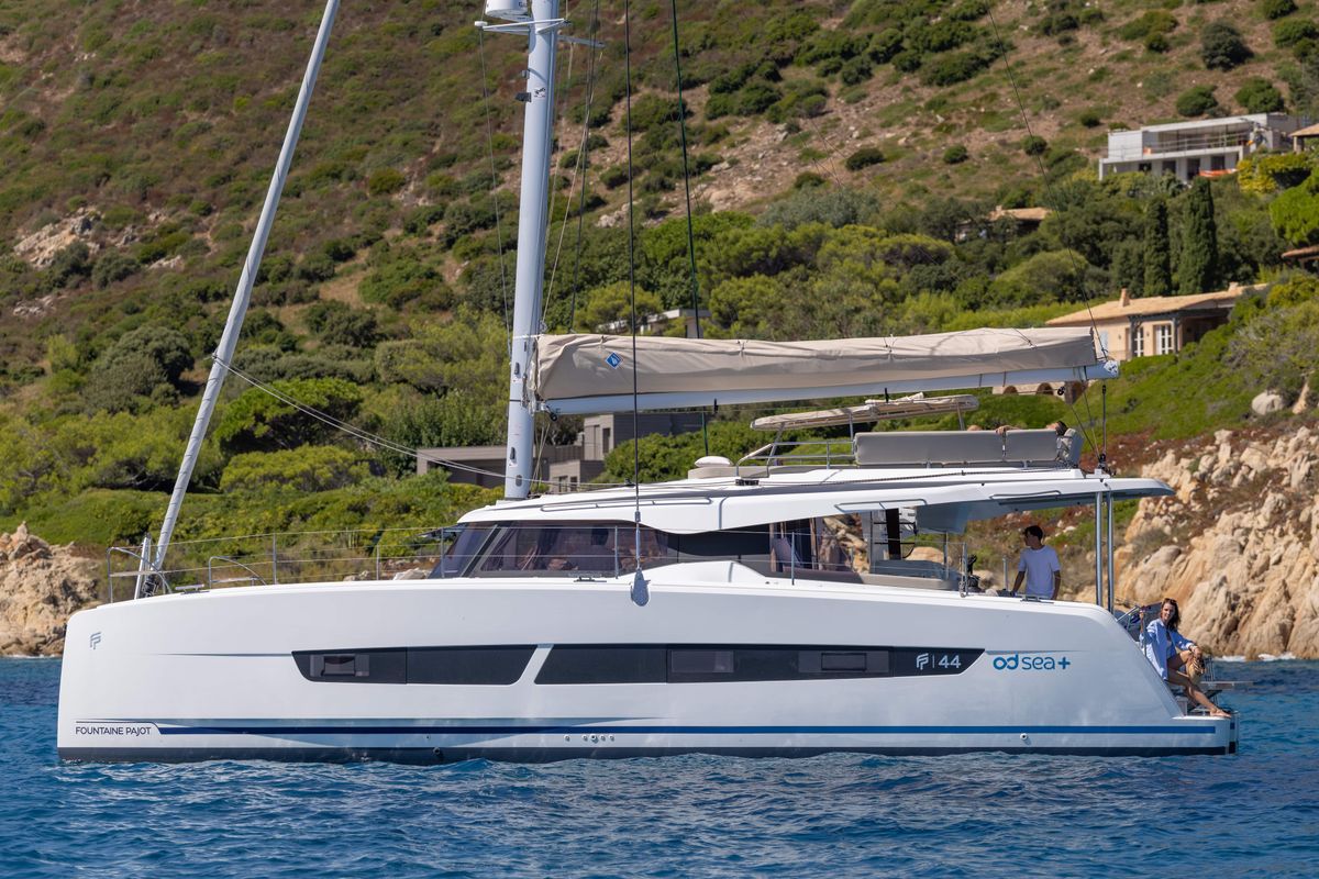 Exterior view of Premium +, a Fountaine Pajot New 44 catamaran at Portimão, Portugal