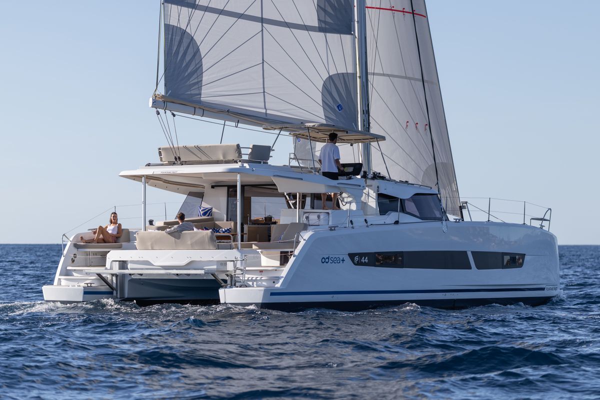 Exterior view of Premium +, a Fountaine Pajot New 44 catamaran at Portimão, Portugal