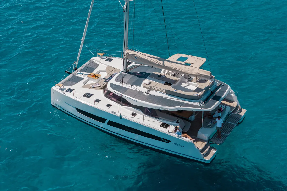 Exterior view of Premium +, a Fountaine Pajot New 44 catamaran at Portimão, Portugal