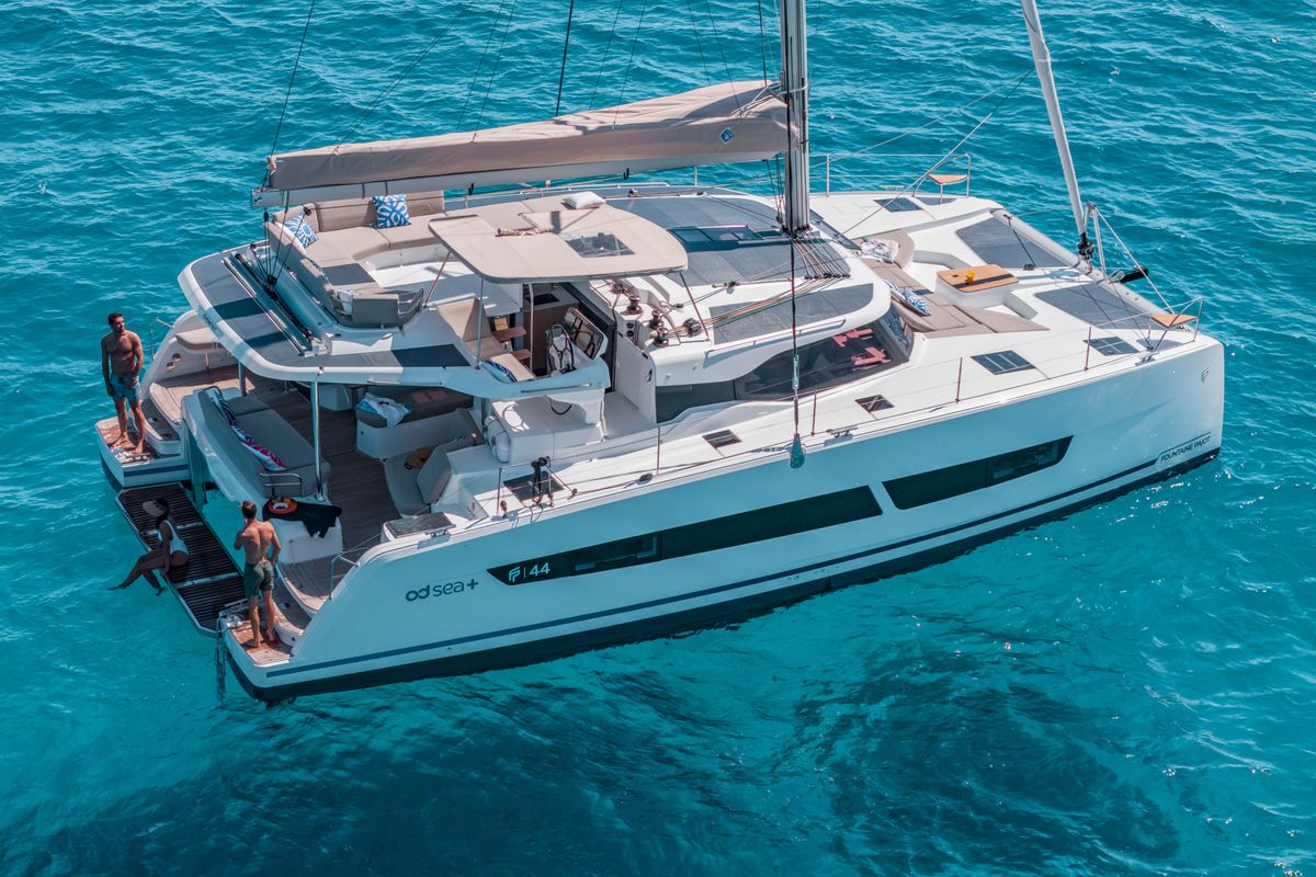 Exterior view of Premium +, a Fountaine Pajot New 44 catamaran at Portimão, Portugal