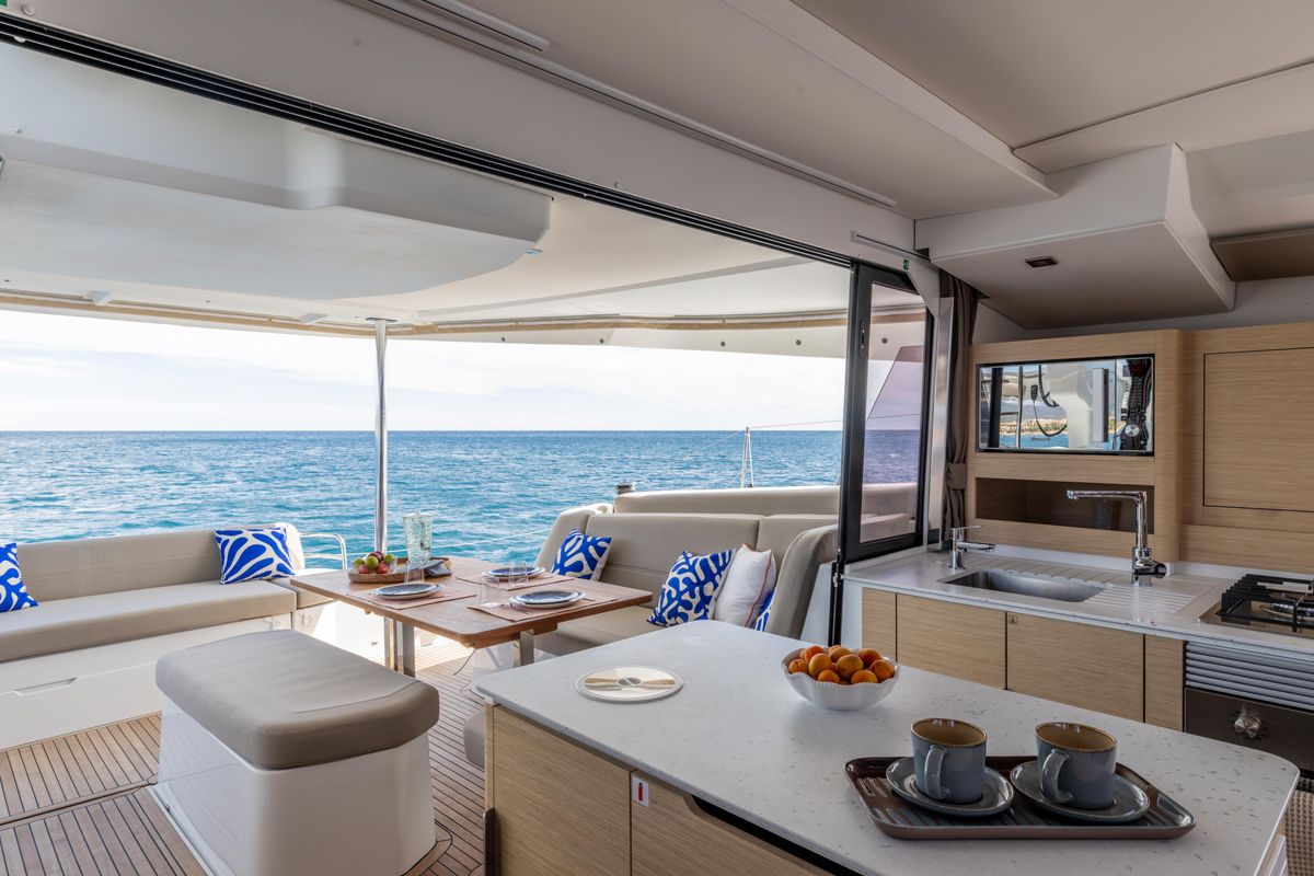 Deck of Premium +, a Fountaine Pajot New 44 catamaran at Portimão, Portugal