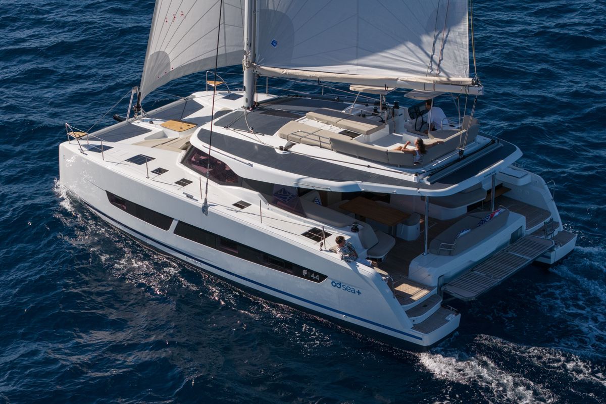 Exterior view of Premium +, a Fountaine Pajot New 44 catamaran at Portimão, Portugal