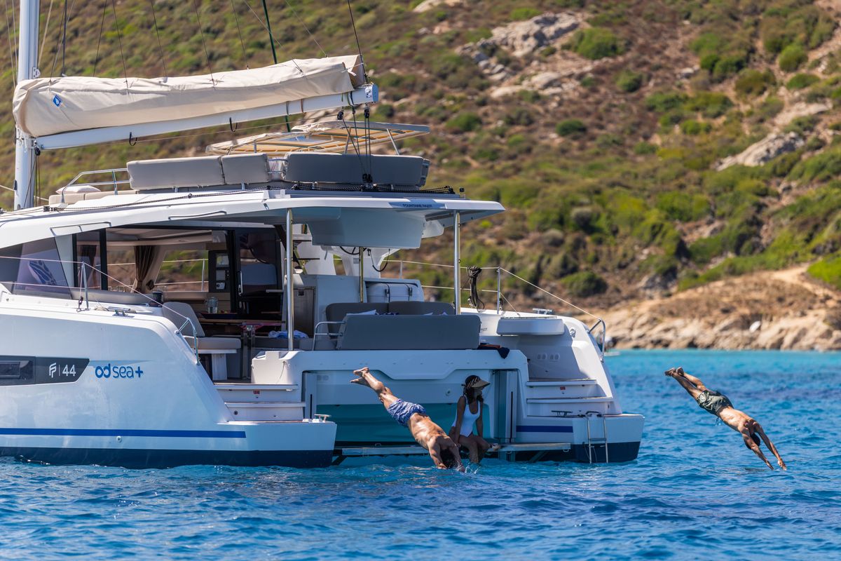 Exterior view of Premium +, a Fountaine Pajot New 44 catamaran at Portimão, Portugal