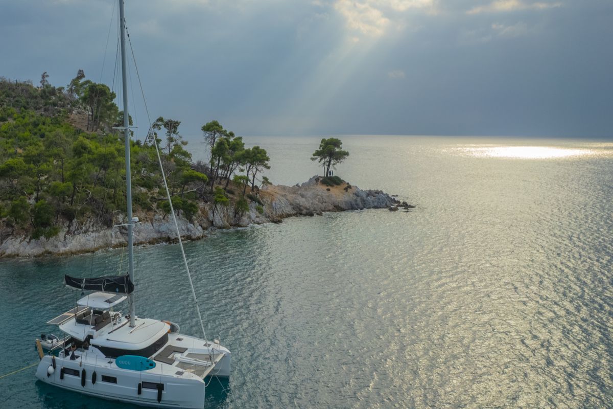 Exterior view of ASTRAEUS, a Lagoon 46 catamaran at Skiathos, Greece