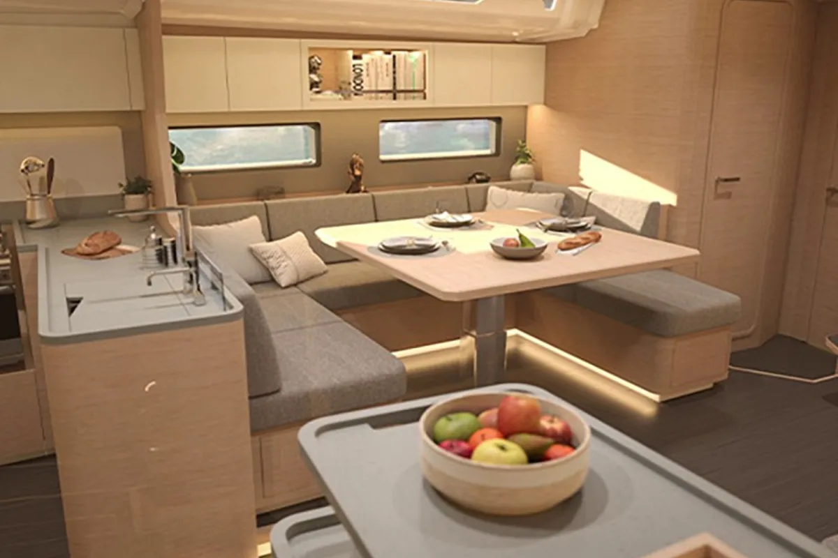 Salon of Violante, a Dufour 54 sailboat at Puntone di Scarlino, Italy