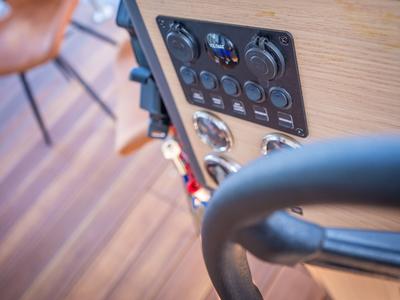 Cockpit of Frigga, a Woma D13 motorboat at Fürstenberg/Havel, Germany