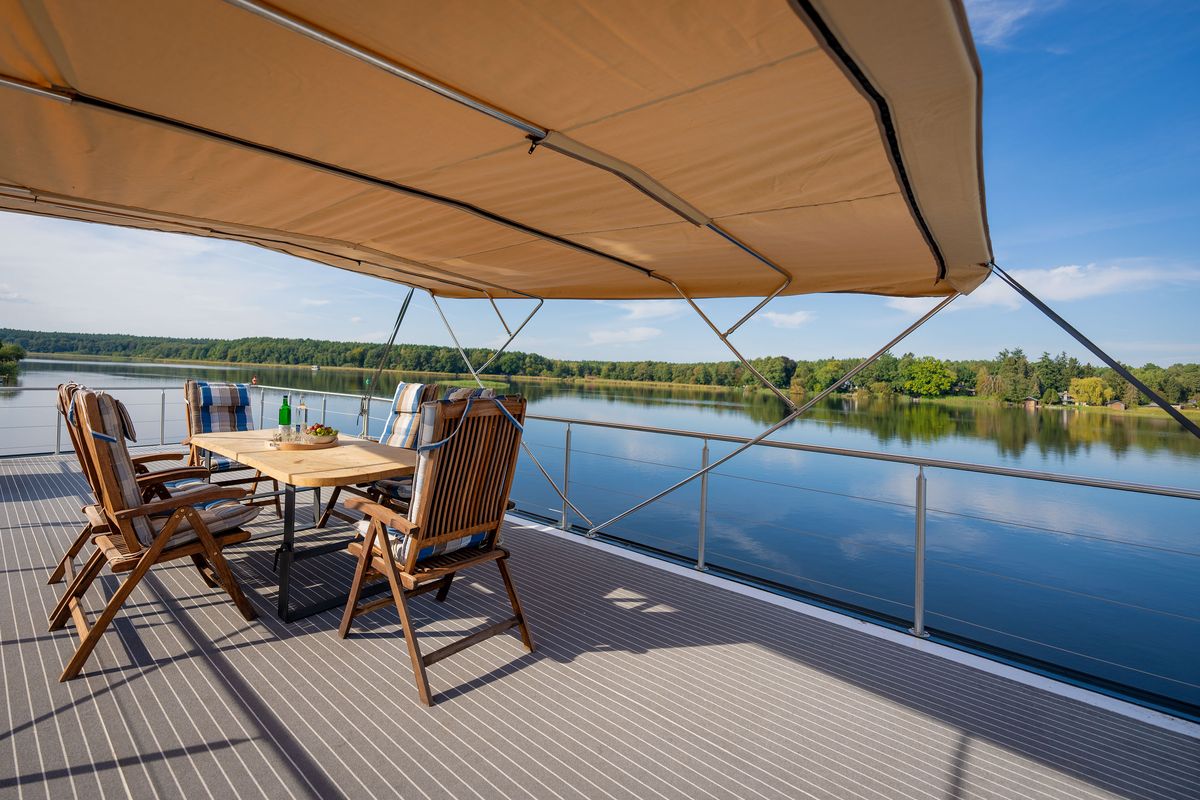 Deck of Frigga, a Woma D13 motorboat at Fürstenberg/Havel, Germany