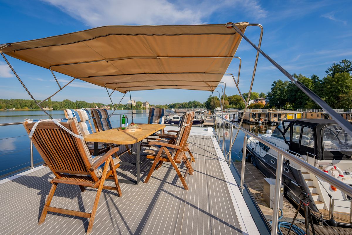 Deck of Frigga, a Woma D13 motorboat at Fürstenberg/Havel, Germany