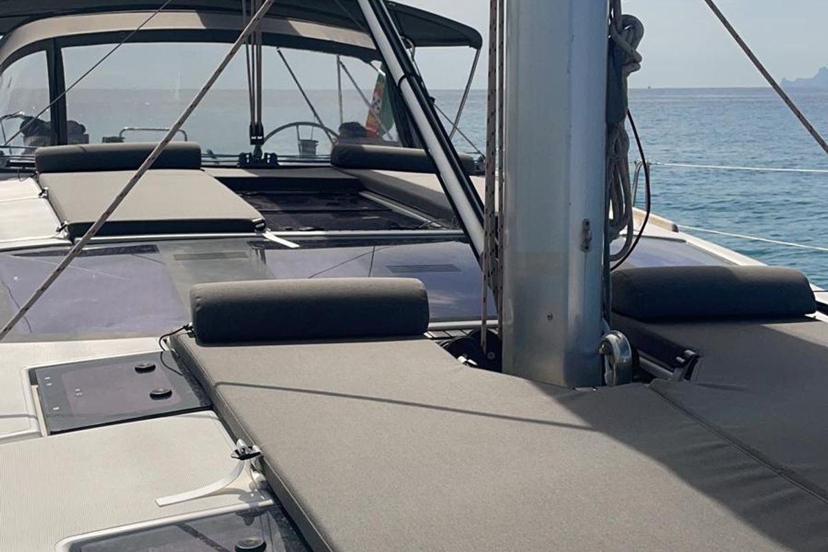 Deck of Bayanbar, a Dufour 500 Grand Large sailboat at Olbia, Italy