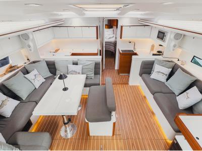 Salon of Bayanbar, a Dufour 500 Grand Large sailboat at Olbia, Italy