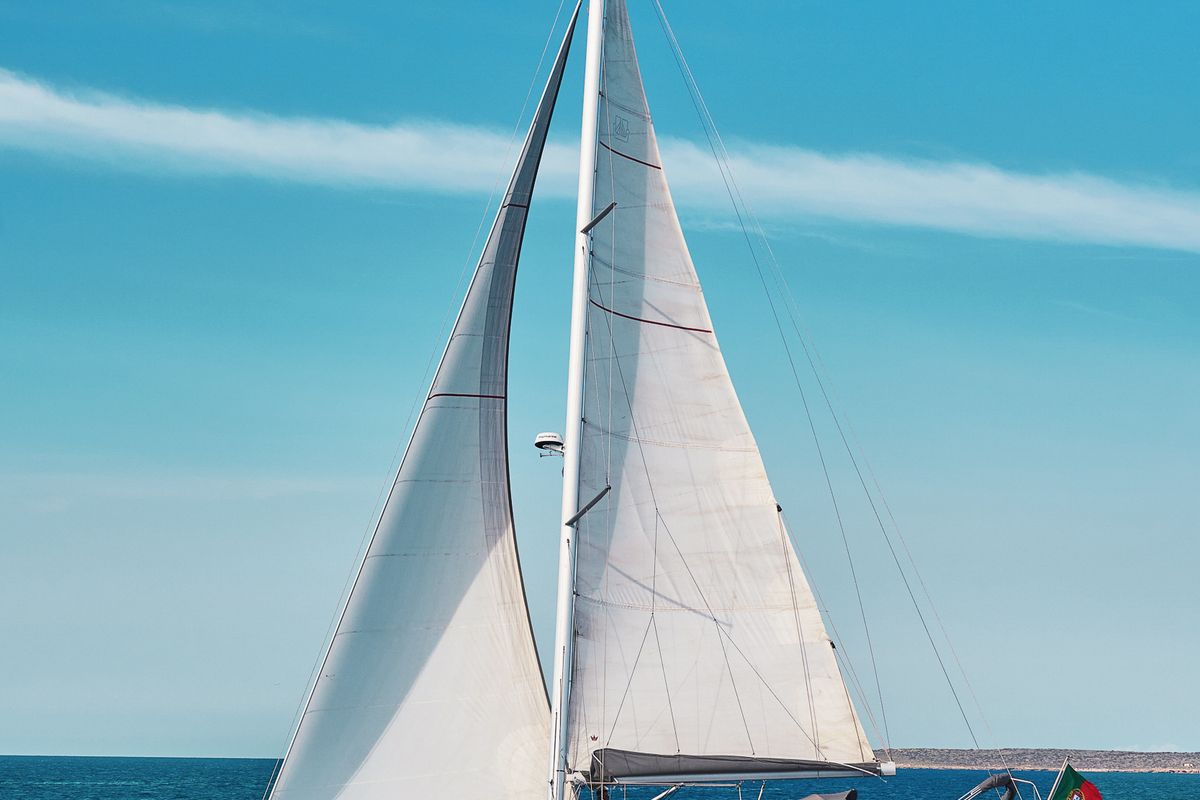 Exterior view of Bayanbar, a Dufour 500 Grand Large sailboat at Olbia, Italy