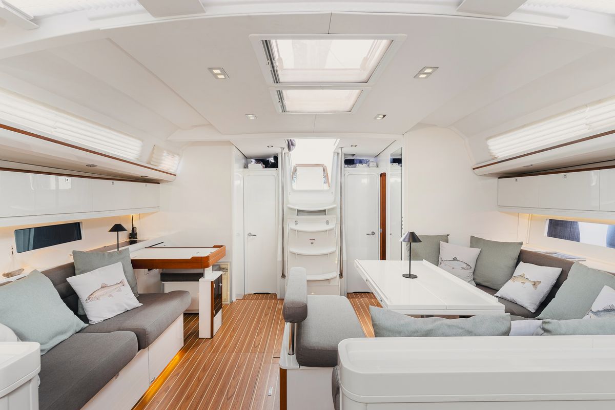 Salon of Bayanbar, a Dufour 500 Grand Large sailboat at Olbia, Italy