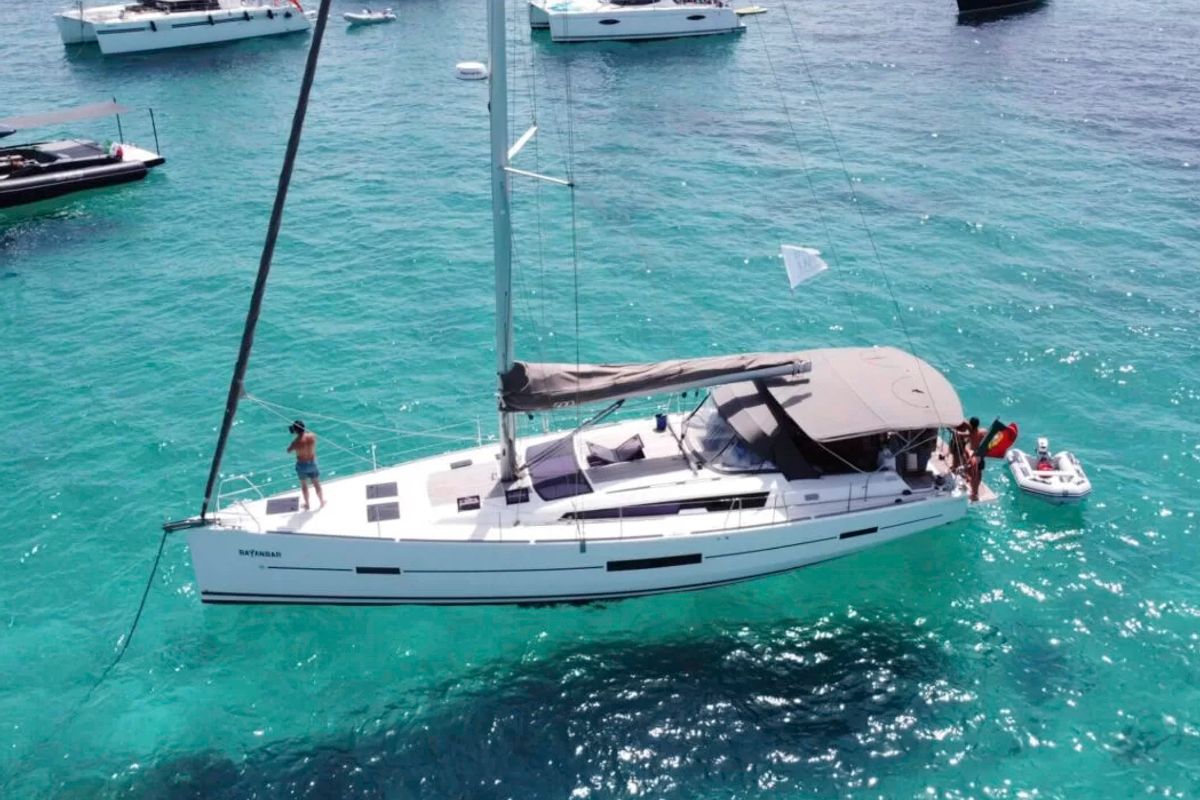 Exterior view of Bayanbar, a Dufour 500 Grand Large sailboat at Olbia, Italy