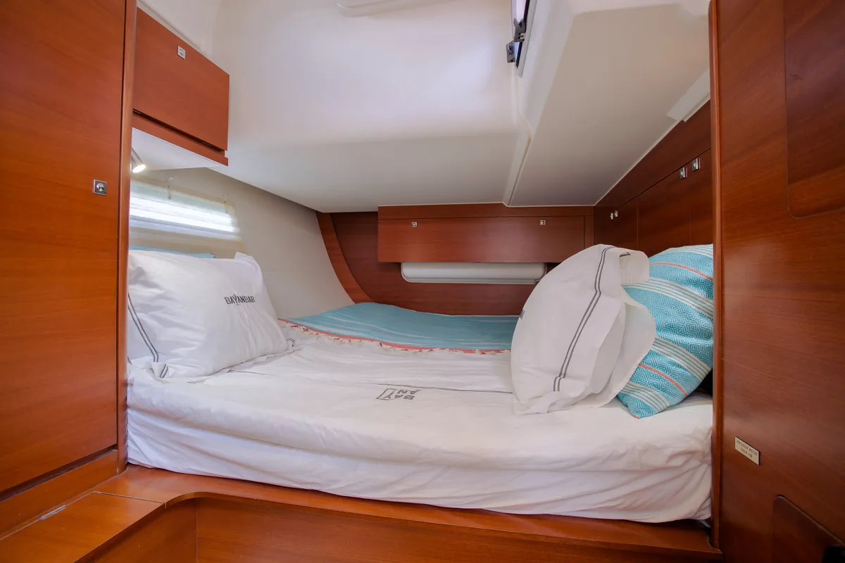 Cabin on Bayanbar, a Dufour 500 Grand Large sailboat at Olbia, Italy