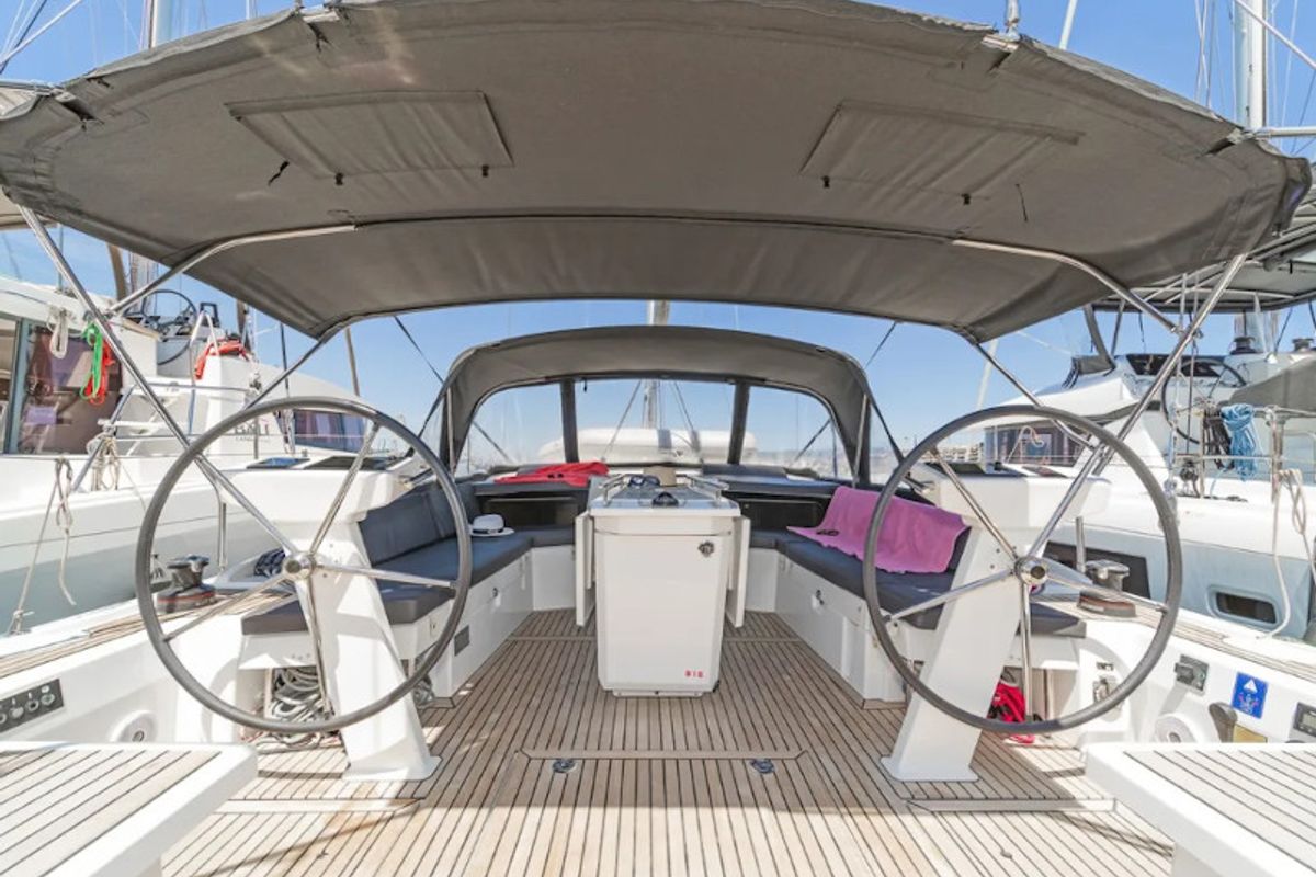 Cockpit of Esperanza, a Beneteau Oceanis 46.1 sailboat at Lavreotiki Municipal Unit, Greece